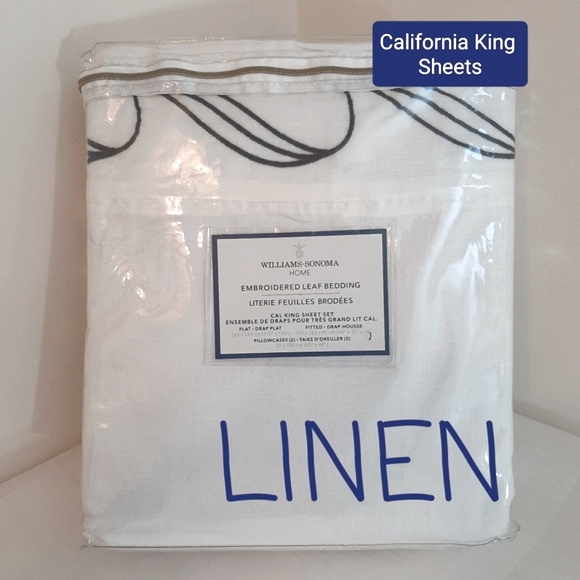 ***Williams Sonoma Linen Embroidered Leaf California King Sheet Set